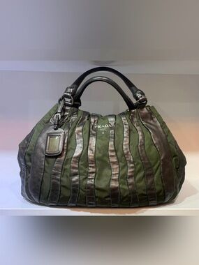 Prada Olive Green Tote with Brown Leather Straps